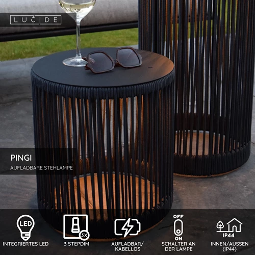 Lucide PINGI - wiederaufladbare Stehlampe Innen/Außen - Akku/Batterie - Ø 33,5 cm - LED 3 StepDim - 1x3W 3000K - IP44 - Schwarz - USP